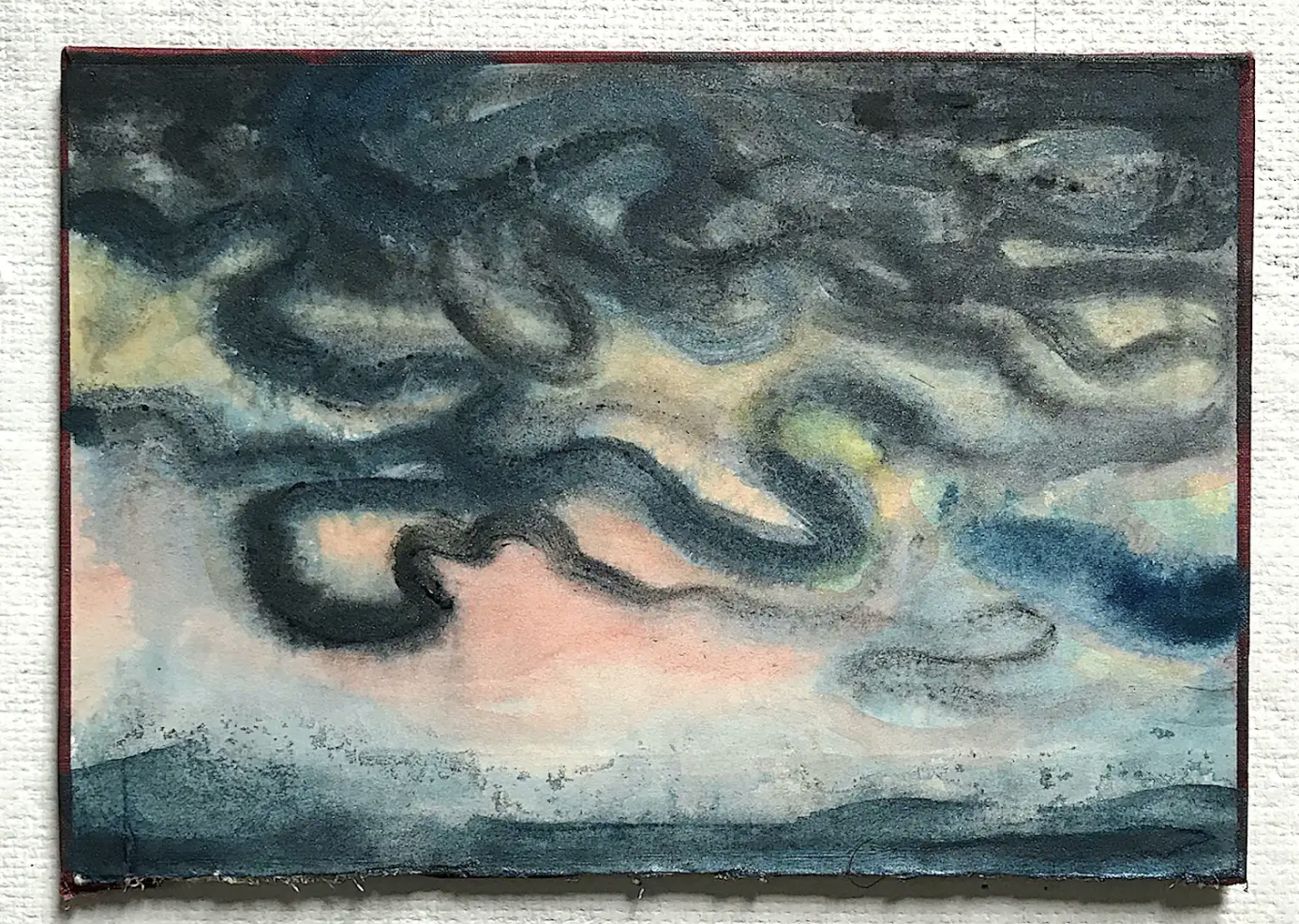 Hardcover book board painted with an abstracted swirling dark sky with a soft pink glow above crashing waves